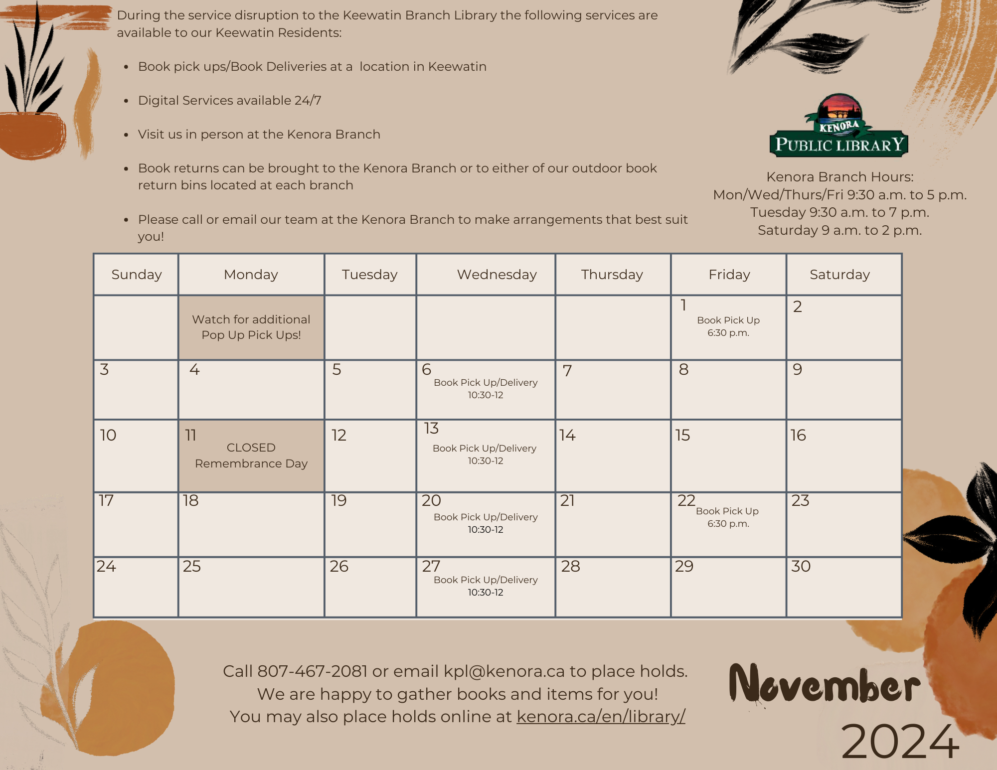 November Calendar for Keewatin Book Pickups